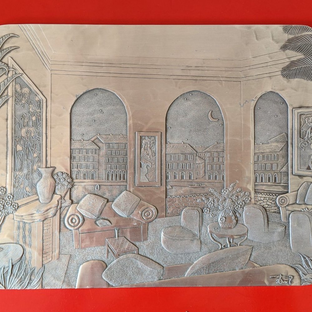 Vintage hammered repousse aluminum plaque after painting François “Fanch” Ledan